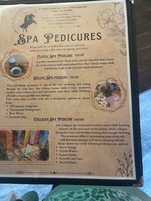 Pedicure menu