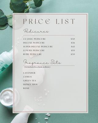 Pedicure menu and fragrance sets