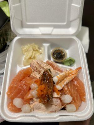 Chirashi bowl. I substitute the tuna, yellow core and albacore for more salmon + seared salmon.