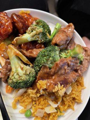 Broccoli beef and fried rice