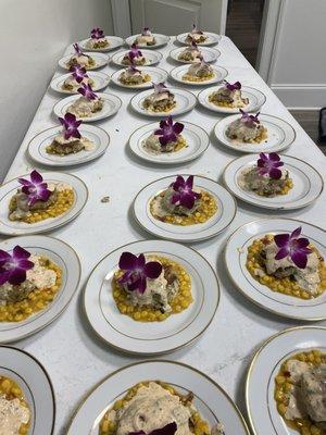 Home Louisiana Crabcakes over Corn Maque Choux for large event