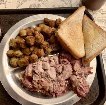 Pork shoulder, and fried okra.