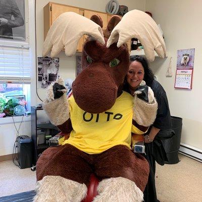 Otto the moose from Bill Dodge auto group stopped in