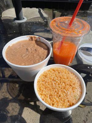 Refried Beans, Rice, Fresh Juice