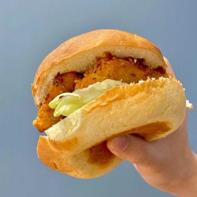 Fresh homemade sandwich with Katsu or Karaage. Enjoy the contrast of soft bun and crispy fried chicken.