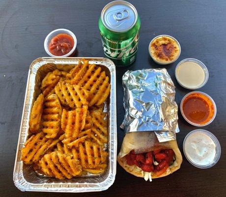 Save money with a meal! The Gyro Meal is only $10.99 and includes waffle fries and a beverage.