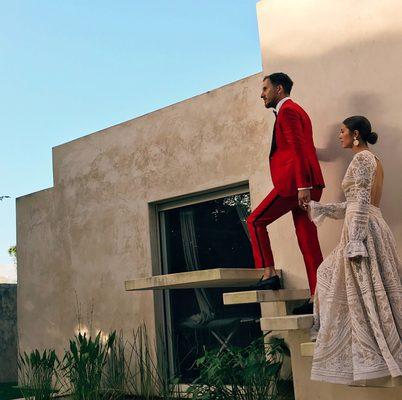 Red silk shantung tuxedo (wedding in Merida, Mexico).