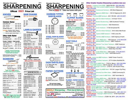 Greater Houston Sharpening @ M&D ACE Hardware - Beamer 2023 GHS Price List OR see our site https://GreaterHoustonSharpening.com/Locations/