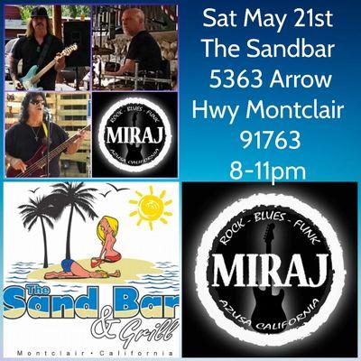 Come see Miraj play at The Sandbar! This Saturday, starts at 8!!