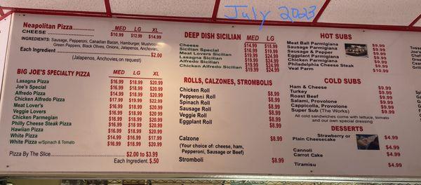 Menu July 2023: pizza, calzones, subs