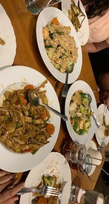 Pad kee mao, basil fried rice and spicy veggies