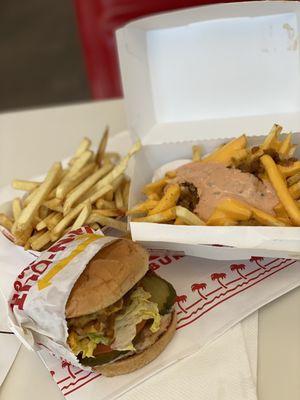 Cheeseburger animal style with chillies, order of fries and animal style fries.  $10.87