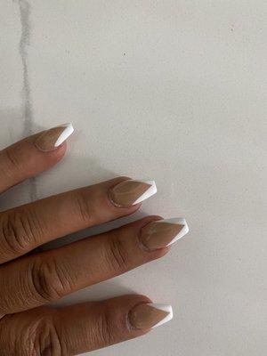 Coffin Acrylic Nail with V Shape white tip with nude color