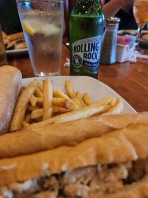 Rolling Rock and chicken cheesesteak!