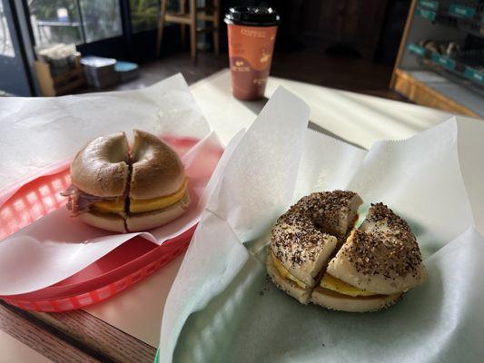 Ham Egg Cheese on Plain Bagel + Bacon Egg Cheese on Everything Bagel