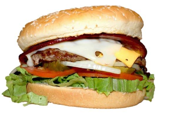 Gorilla Burger: 1/2 Lb. Lean Ground Beef, Ham, Bacon, Swiss & American Cheese, Pickle, Onion, Tomato and Lettuce on a 6" Bun