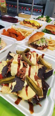 Vegan Nachos, Cauliflower wings, BBQ Jackfruit and Vegan mushroom Philly