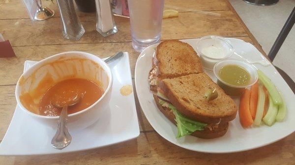 Delicious carrot soup! Tuna sandwich and some yummy veggie sticks. Only in this are of town will you get a dipping cup of jalapeno salsa.