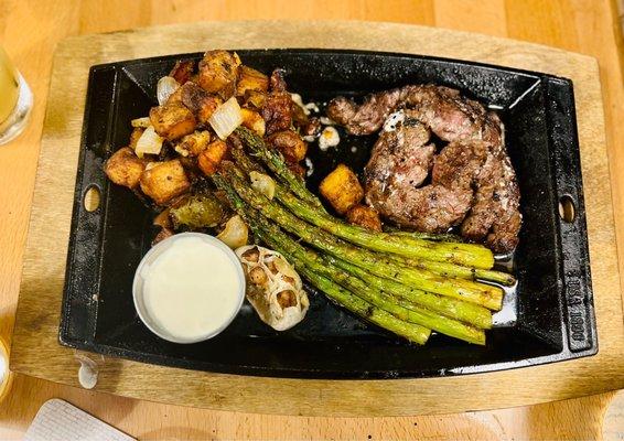 Butchers butter steak: Wood Fired Ribeye Cap Steak, Confusion Potatoes, Grilled Asparagus