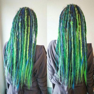 Synthetic green dreads, the Ocean, by Manny Parker. Synthetics equal longer dreads and give you limitless color choices.Free consultations.