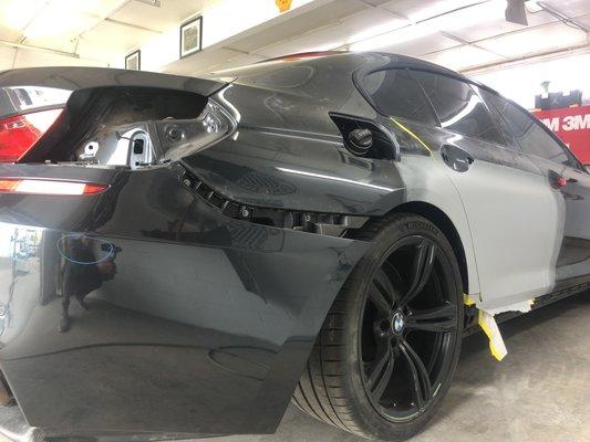 BMW sideswipe being repaired