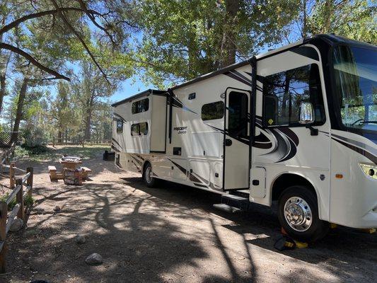 Space 332 fit our large motorhome and tow vehicle. Just wish the fire pit was not located in the very back on a slope.