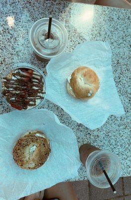 Açaí bowl, regular and everything bagels with Cape Cod  chip cream cheese, and iced coffees!