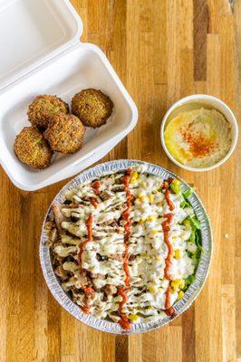 Gyro Over Rice,  Extra Falafel, Hummus. Instagram: @Absofreakinglutelyyummy