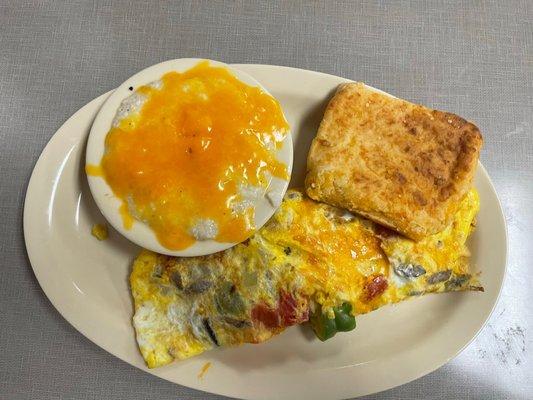 Garden Omelet with Cheesy Grits and a Cheese Biscuit