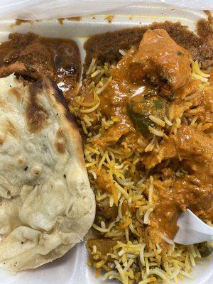 Chicken Curry with vegetable biryani.