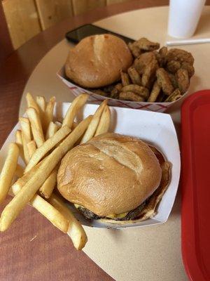 Cheeseburger, Double Cheeseburger, French Fries and Fried Pickles