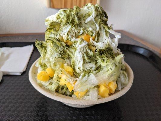 Matcha shaved ice with mango instead of red bean. Can't say it matched too well so since the mango was overpowering the match flavor.