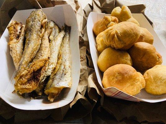 Whiting and fried dumplings