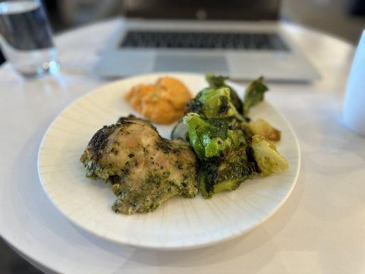 Very tasty food selections - chicken with Brussels sprouts and sweet potato purée