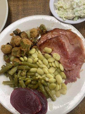 Fried Okra, Ham, Green Beans, Butter Beans, Beets, Slaw