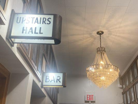 Signage and chandelier