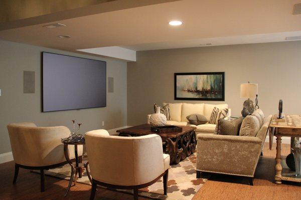 Basement Big Screen Family Room - lights on or off, looks great!