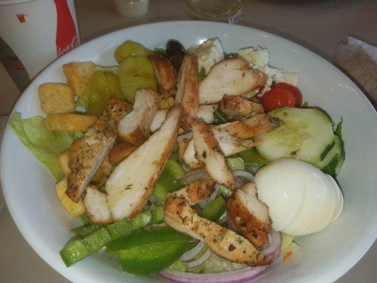 Greek salad with grilled chicken.  This was a small ! And I couldn't even eat it all .