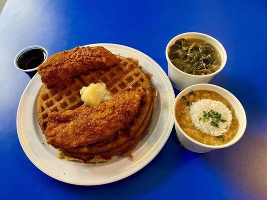 Oh, my! Chicken (2) and Waffles (2) with sides of chicken etouffe and greens.