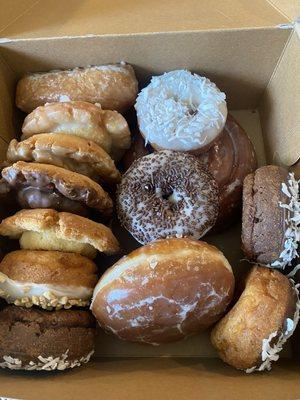 old fashioned donuts, frosted cake donuts (with coconut, peanuts, and sprinkles), jelly-filled :)