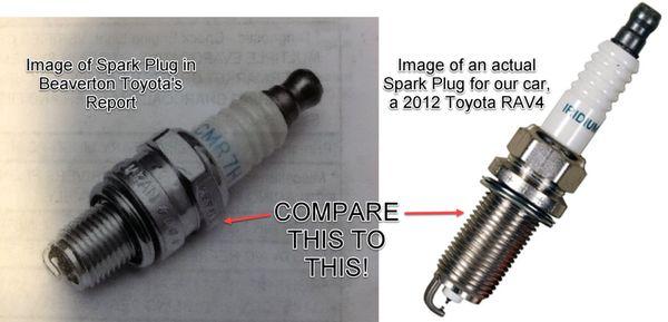 The spark plug in Beaverton Toyota's Report doesn't match one that goes into our RAV4 (second image from CARiD.com)