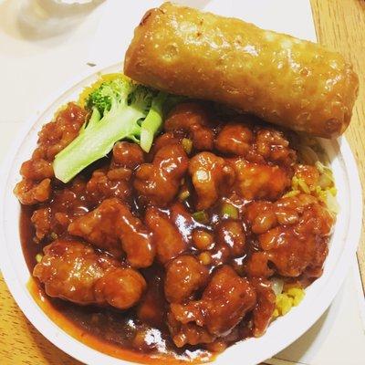 General Tso chicken, shrimp roll, chicken fried rice