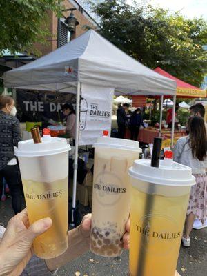 Two Bartlett & Asian pear green teas w/3Q boba and one classic milk tea with the whole crew (boba, red beans, 3Q boba, lychee)!