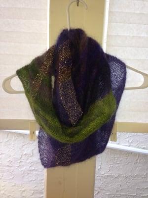 72 inch infinite scarf I made -Kid Silk Haze yarn with gold sequin yarn worked in purchased from a garden of yarn.