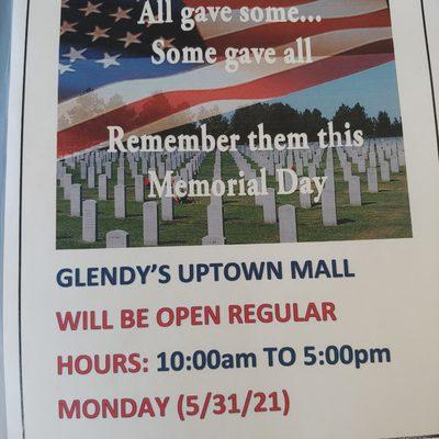 Glendys Uptown Mall is Open Memorial Day!