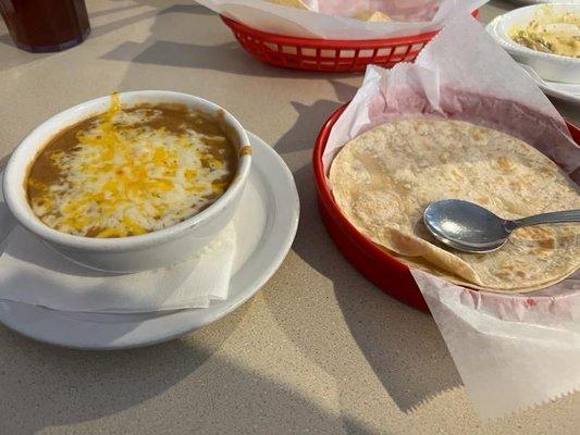 Refried beans and tortillas