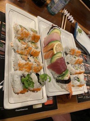 Spicy salmon and avocado roll, rainbow roll with snow crab, and CA roll with snow crab