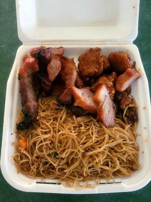 2 item combo with bbq pork, orange chicken and Taiwanese rice noodles.