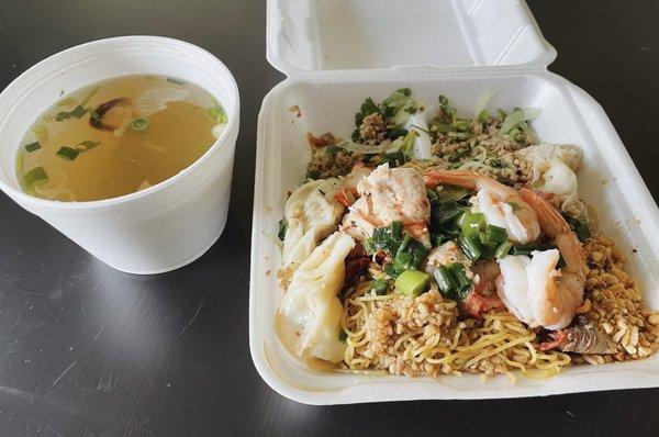 Wonton Noodle Soup with ground pork, shrimp, and bbq pork. Nice soild portions, but not enough broth.