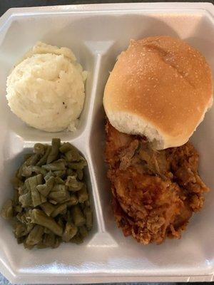 Fried Chicken, Green Beans, mashed potatoes, roll